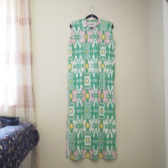 Sheridan French Callie Green Yellow Pink Ikat Sleeveless Maxi Dress sz M - Picture 2 of 6